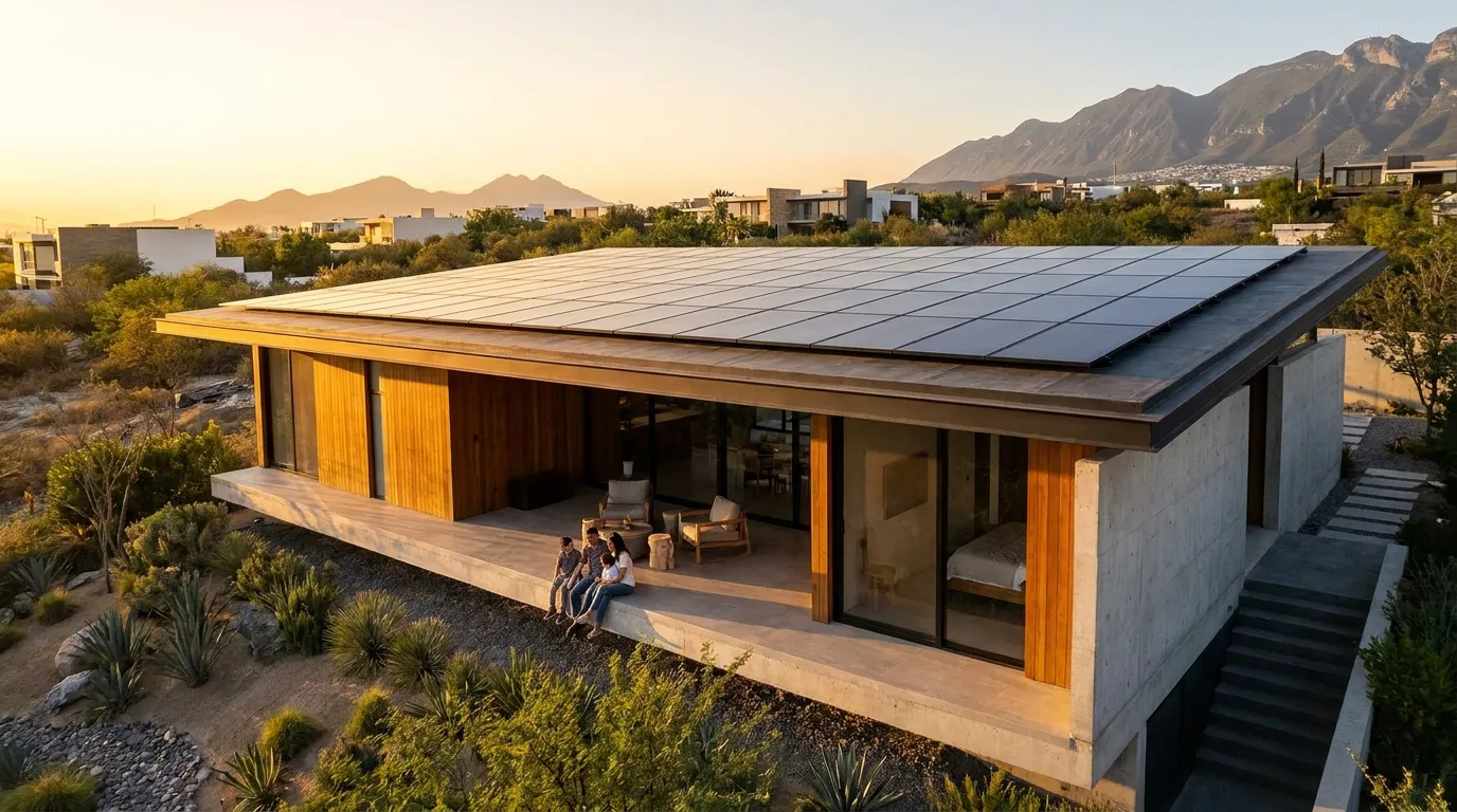 Casa moderna en Monterrey con paneles solares en el techo