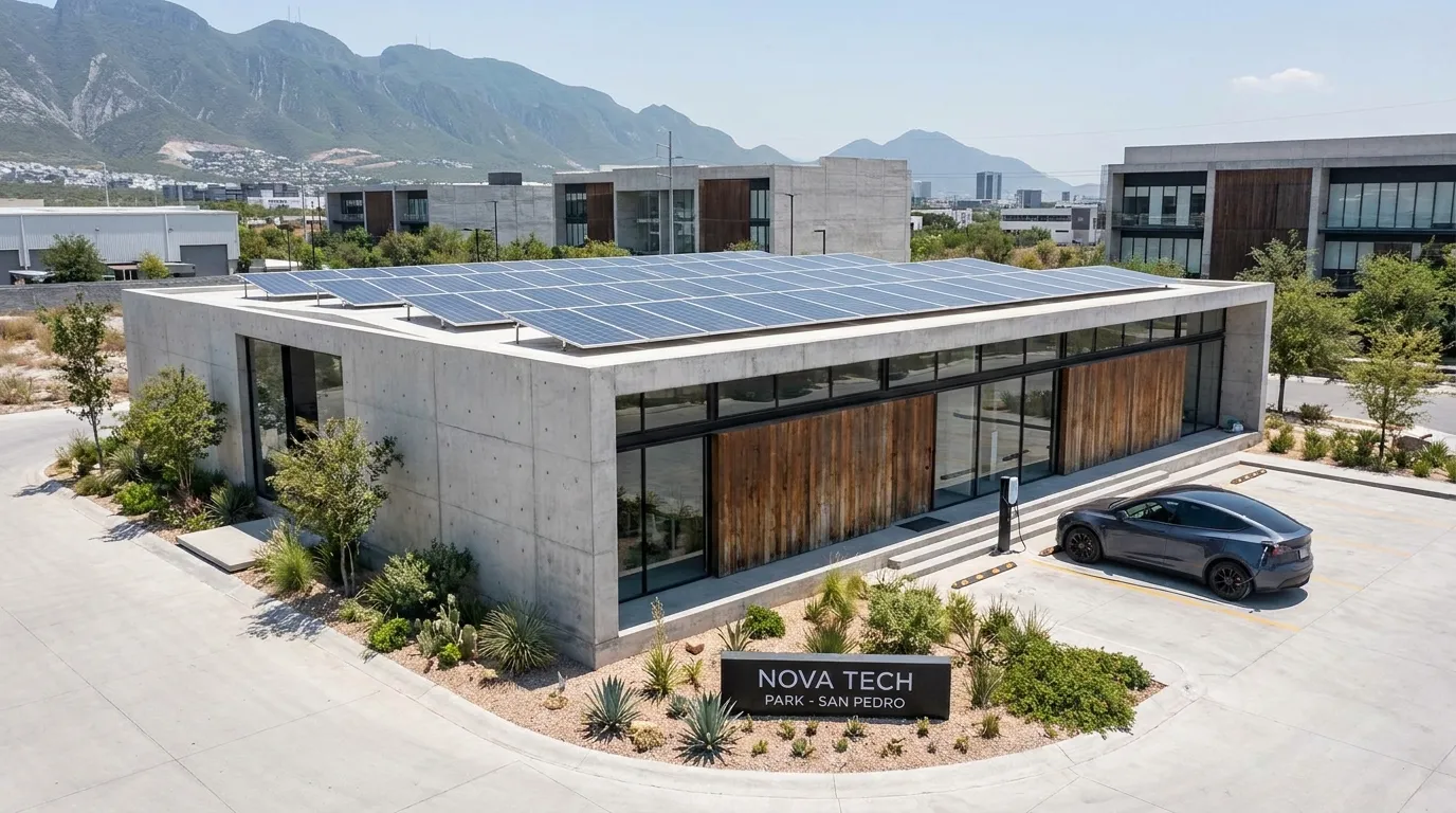 Edificio comercial moderno con paneles solares en el norte de México